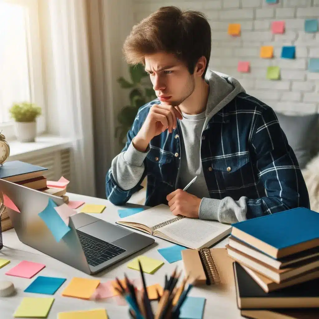 فتى على مكتبه يمارس التعلم الذاتي باستعمال الحاسوب و عدد من الكتب 